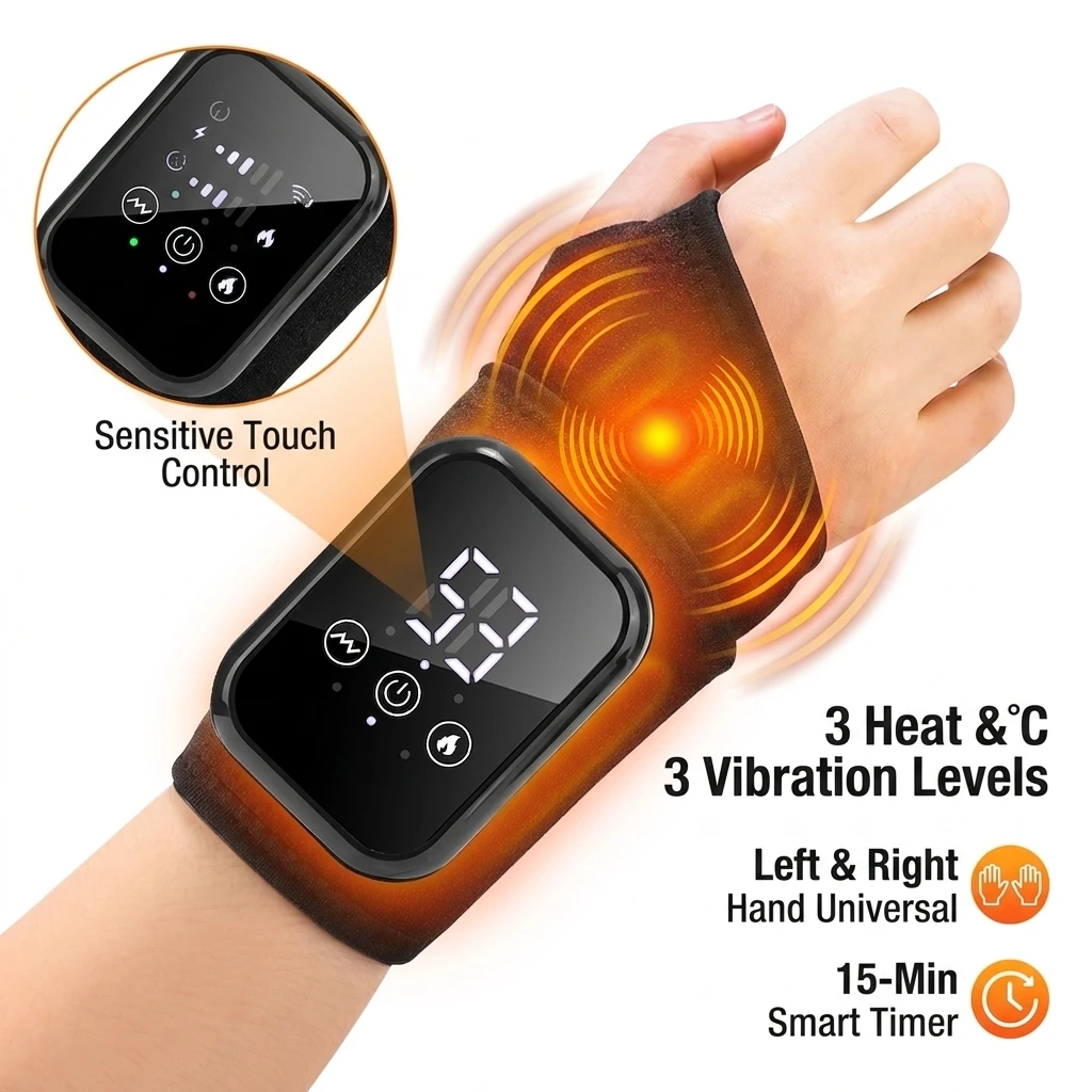 Electric Heated Wrist Massager With 3 Heat Levels 3 Vibration Modes, Hand Wrist Support Brace Wrap  for Muscle Relaxtion