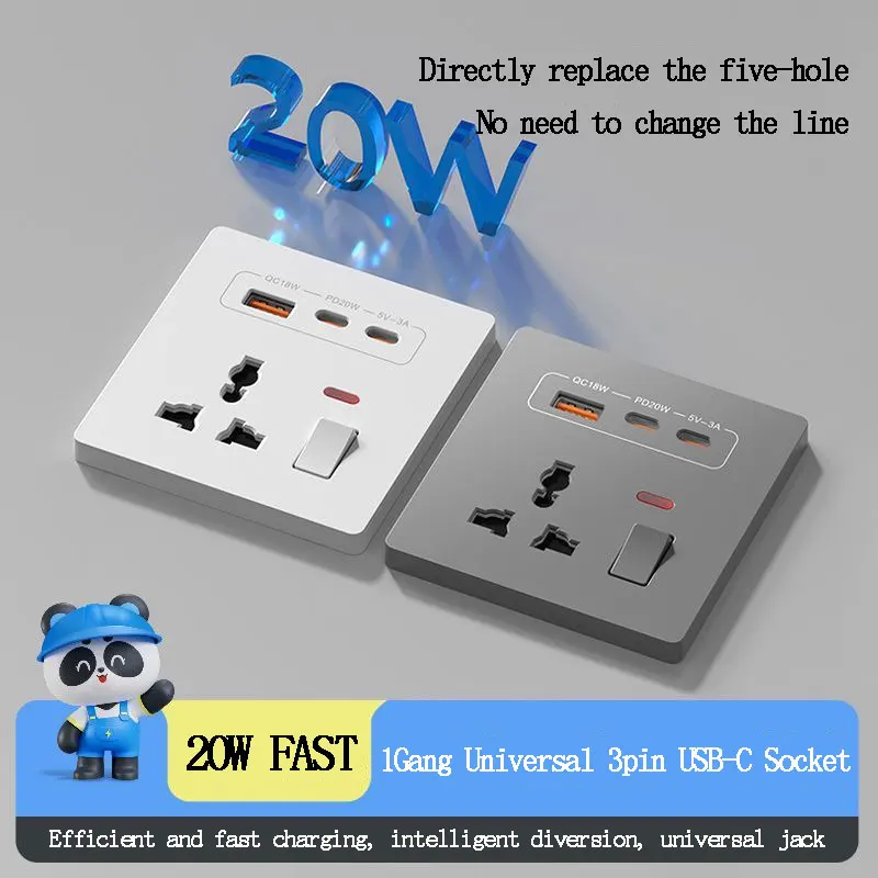 UK Standard 86 wall Multi-Function Universal 3pin USB Socket With Dual Type-c 20W Power Fast Charging Panel Four Colors Optional