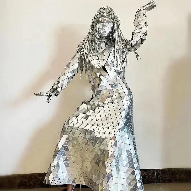 Espelho de prata feminino traje colarinho vestido mostrar festa dj palco desempenho terno gogo dança bar arte desfile vestidos palafitas roupas