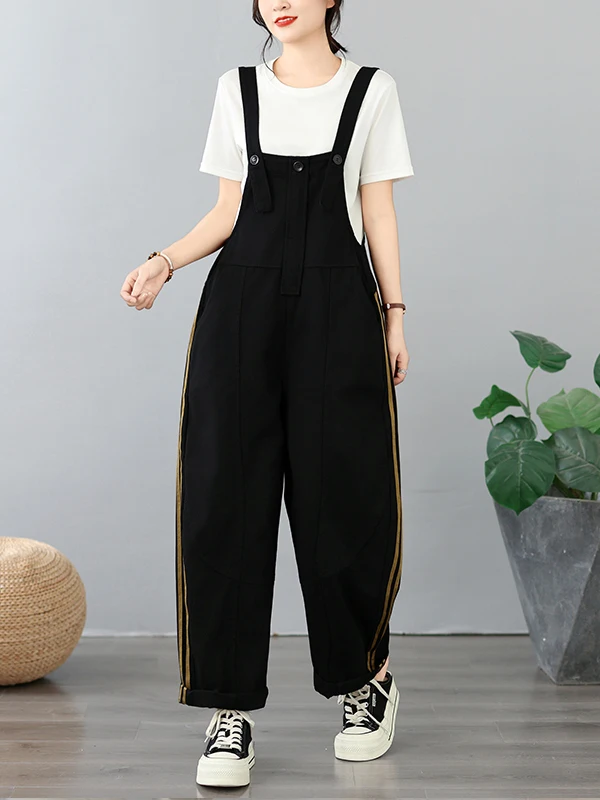 Color Block Wide Leg Denim Overalls Women's plus Size Casual Pants Tummy Covering Slimming Harlan Trousers Cotton Blend