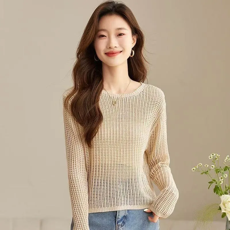 

Женский солнцезащитный кружевной накидка с длинными рукавами, ажурный кардиган, свободный крой, пуловер, вязаная рубашка, блузка, топ на весну и осень