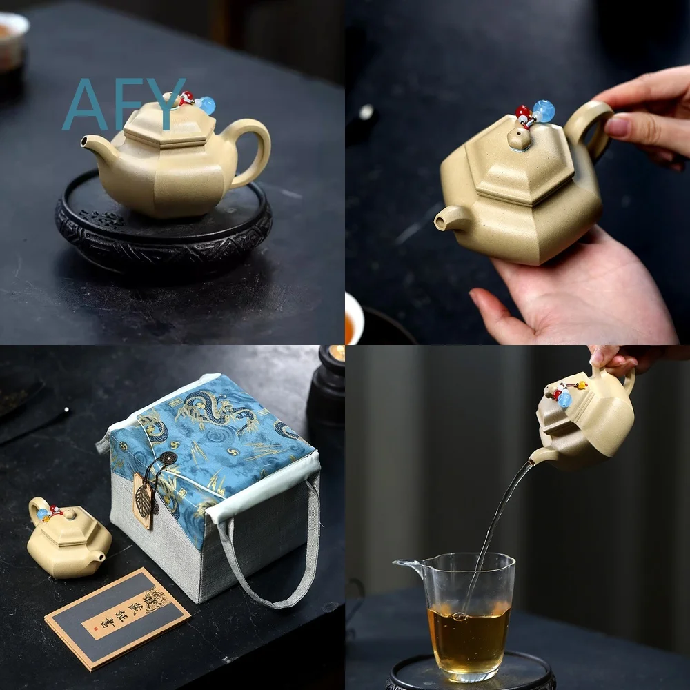 Authentic Yixing Zisha Teapot for Tea Brewing Handmade Six-Sided Rongtian Pot Ceramic Tea Set Home Use Porcelain Utensil for