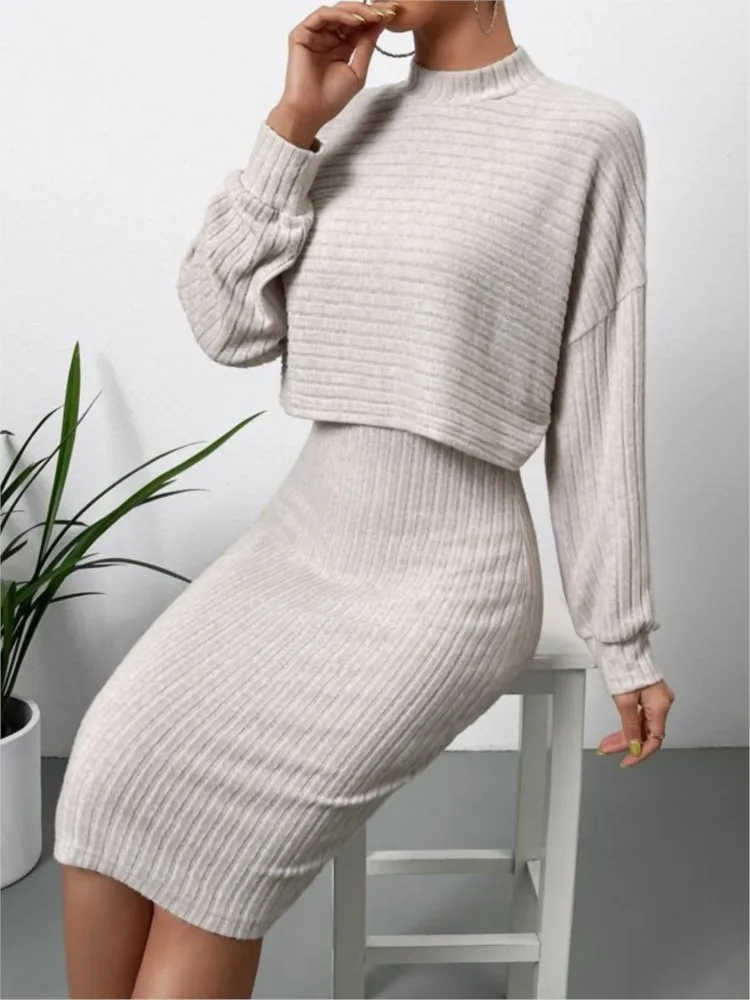 Elegant Slim Dress Set Women Spaghetti Strap Dresses Long Sleeve O Neck Tops Fashion Streetwear Vestidos Suits Autumn Winter New