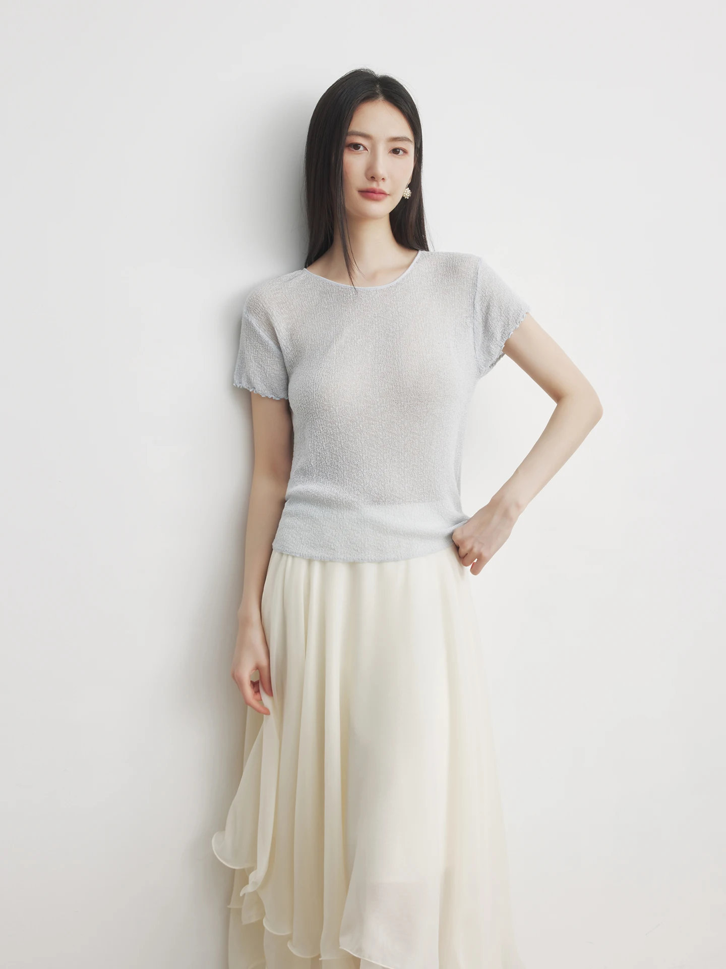 

Annata Skin-friendly Light Weight Linen Knitted Short Sleeve Women's Summer Top T-shirt Pastel Pink Straight Cut Commute Style