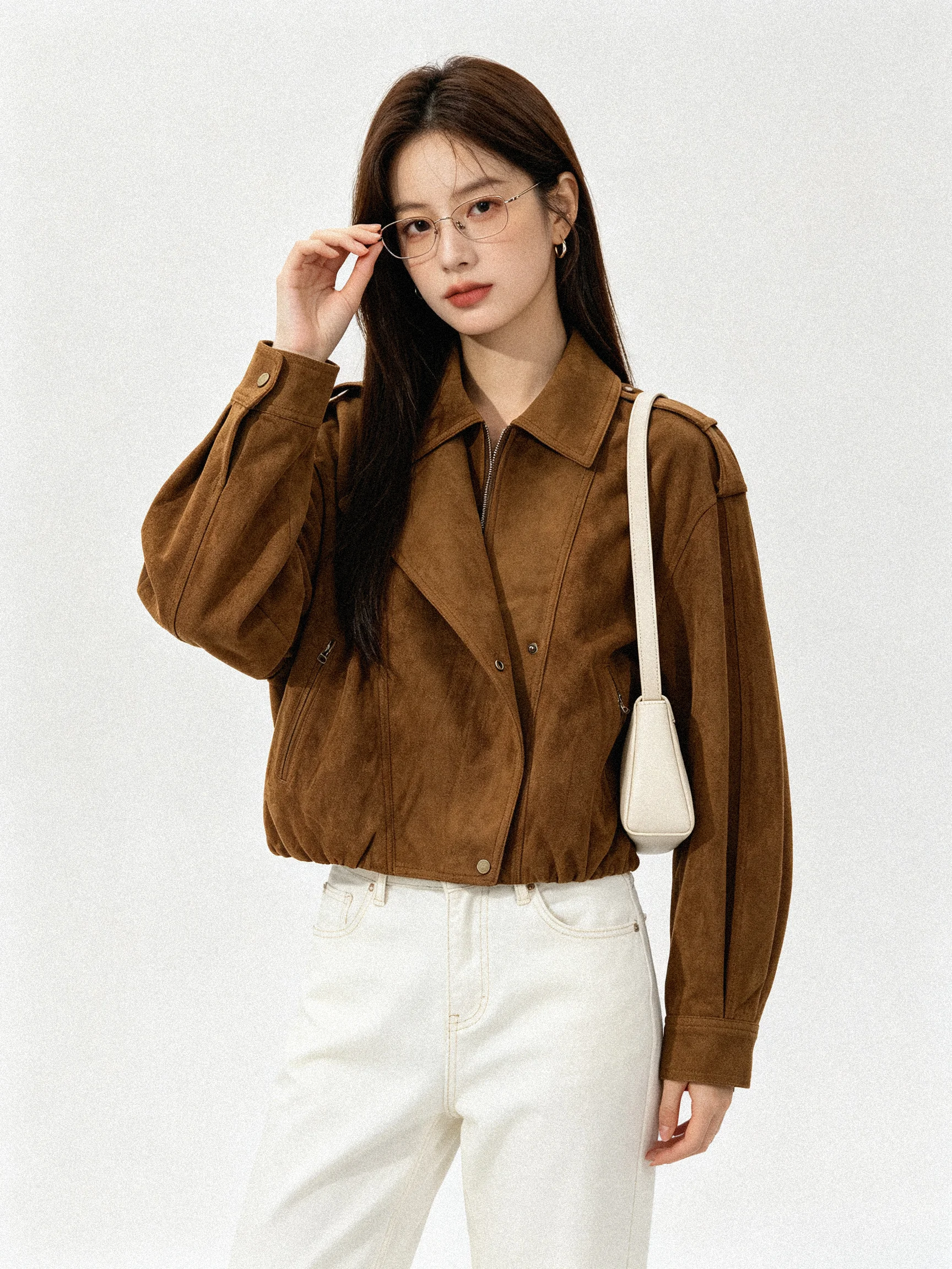 Fall Korean Style Suede Motorcycle Jacket Loose Fit Turn-down Collar Slimming Short Outerwear Top Classy Vintage American
