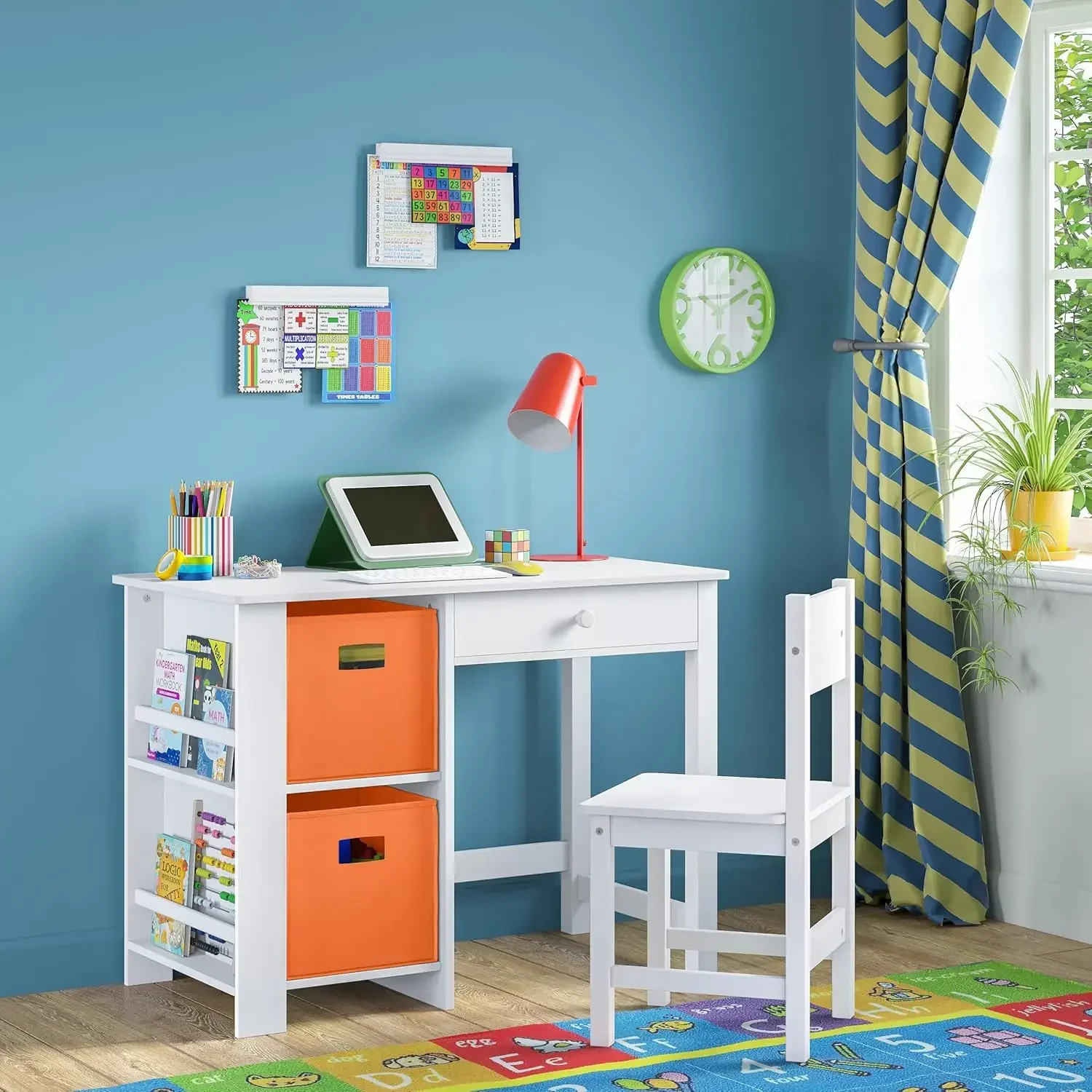 White Kids Desk and Chair Set with Cubbies and Bookracks