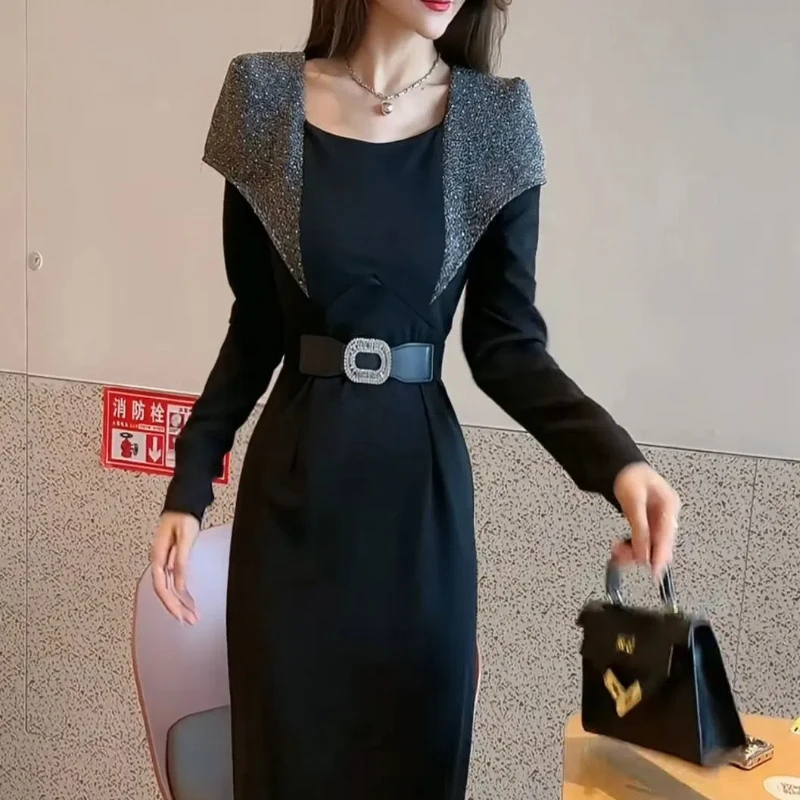 Mingyuan Style Western-style Heavy Industry Contrasting Color Splicing New Women's Mid to Long Slimming and Slit Skirt Trendy