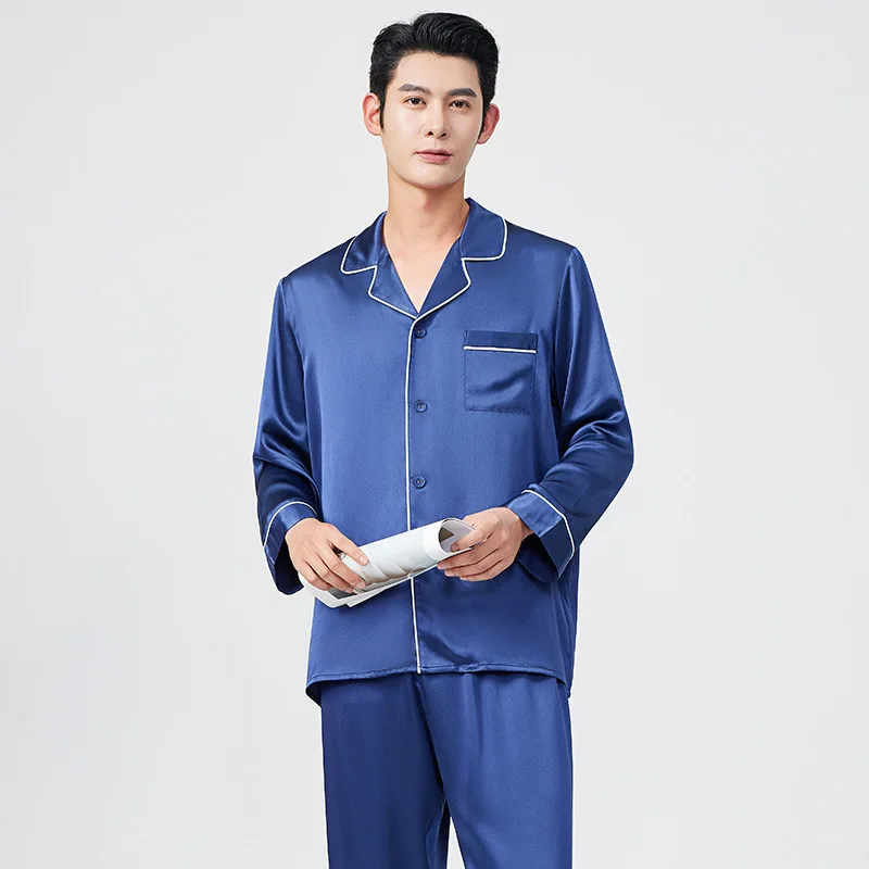 Mens Real Silk Pajamas Set Solid Color Long Sleeve Pants Suit Luxury Mulberry Silk Sleepwear Homewear Loungewear Men Cloth