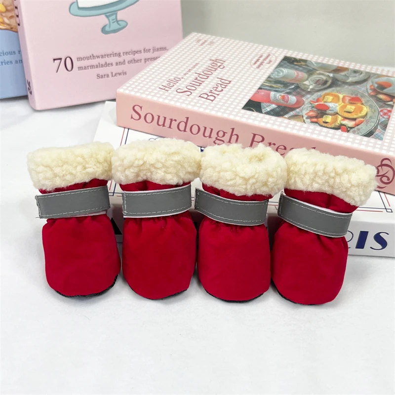 4Pcs/Lot Winter Thick Warm Dog Shoes Soft Plush Non-slip Waterproof Snow Boot Puppy Outdoor Walking Shoes Pet Accessories