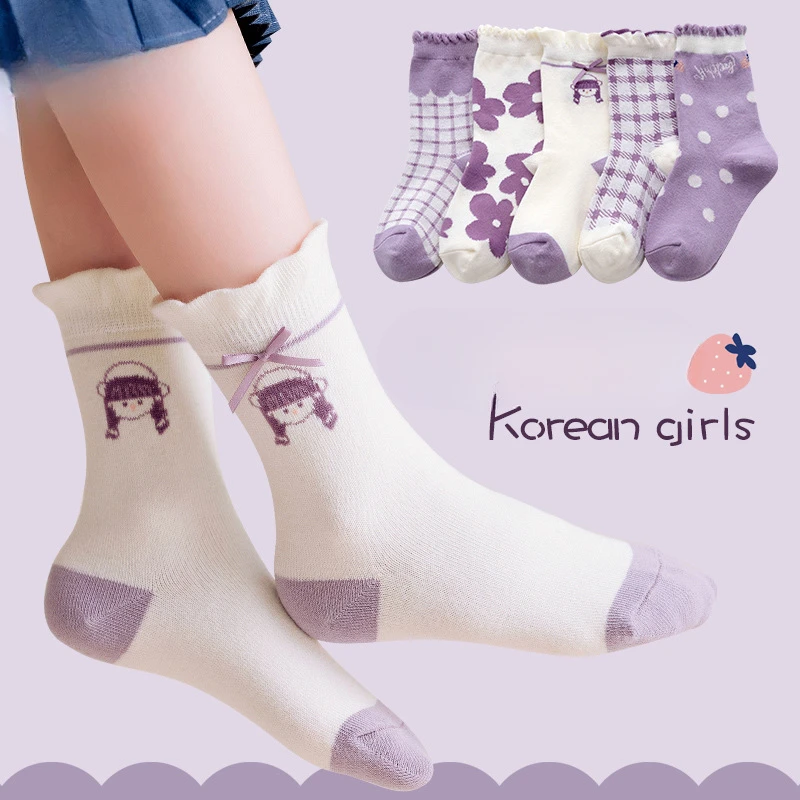 5 Pairs Spring and Fall New Girls Ins Style Cute Sweet Printed Lace Children Fashion Everything Comfortable Cotton Socks