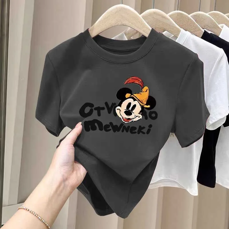 

Charcoal Gray Brushed Cotton Set-in Shoulder Women's Mickey T-Shirt Trendy Versatile Age-Reducing Stylish Layering Tee