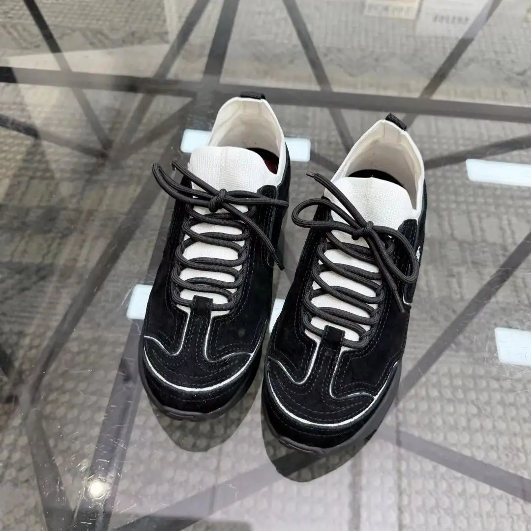 Unisex Black Suede White Stitching Sneakers Lace Up Thick Sole Casual Fashion Trainers for Men Women