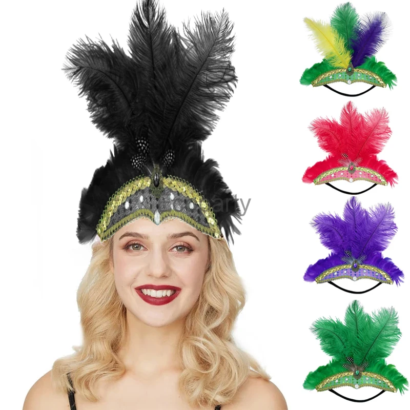 Women Fancy Sequins Feather Headband Brazil Carnival Costume Accessories Indian Feather Headdress Holiday Party Dress Up Props