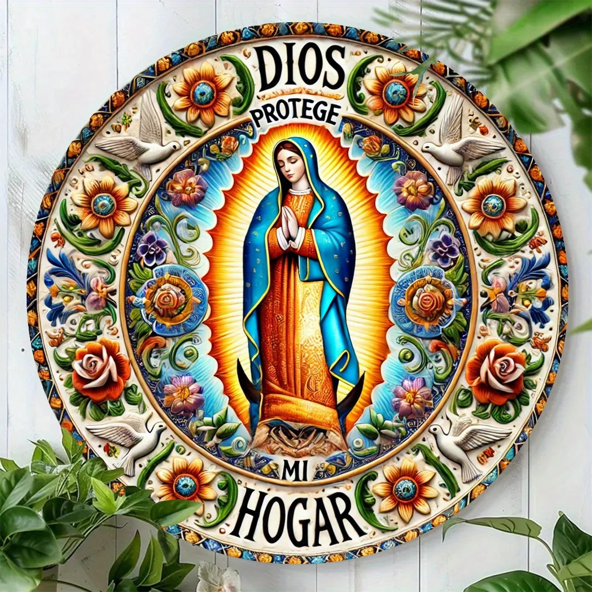 2D Flat, Religious Protection Theme Virgin Mary Wall Art - 20.32x20.32cm Aluminum Sign with Floral Motifs & Spanish Inscriptions