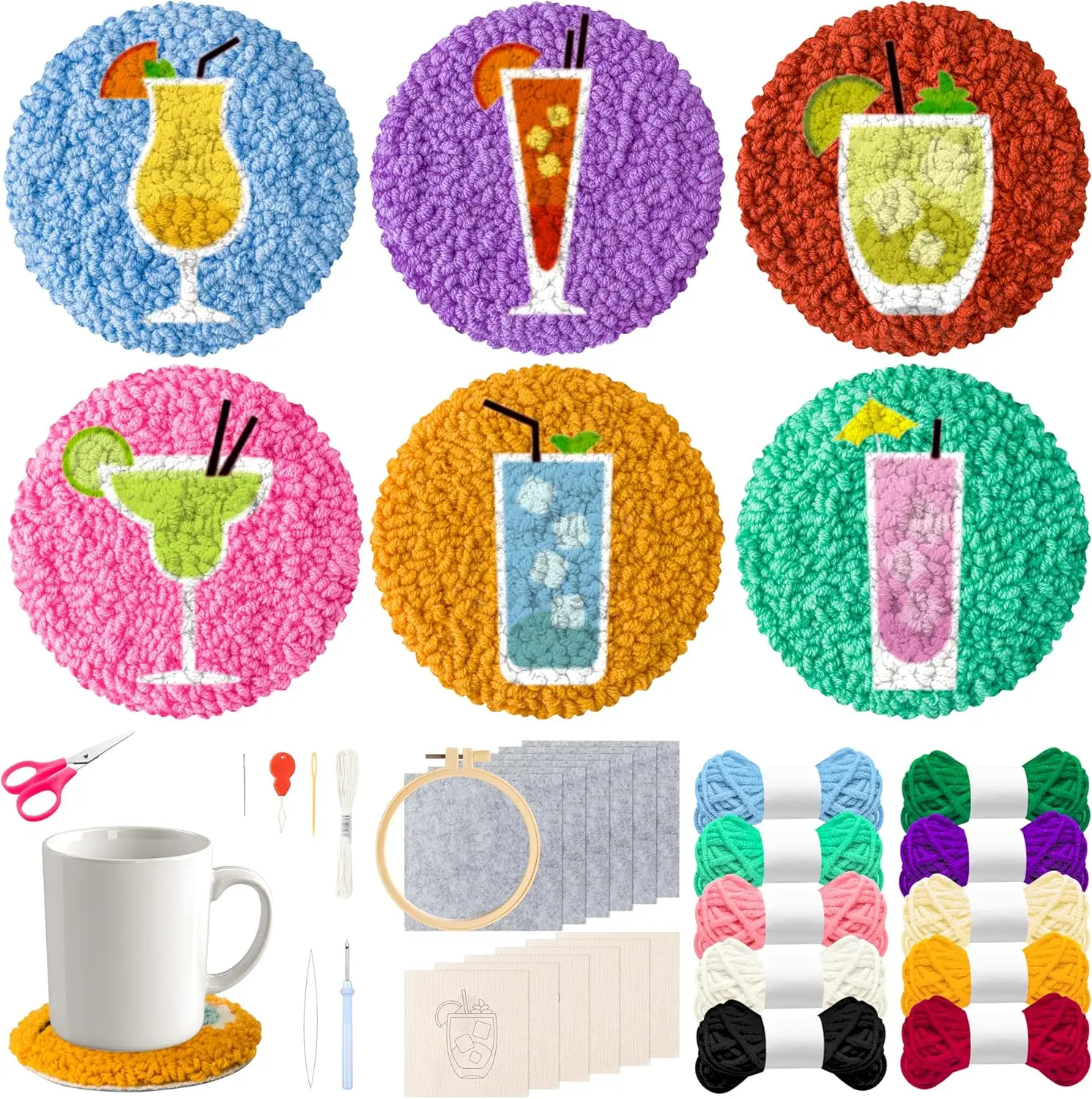 

2Pcs Embroidery Needle Coasters Crafts Easy DIY Mug Tufted Making Set with 6 Patterns Hoop Self Adhesive Felt Cloth Threading