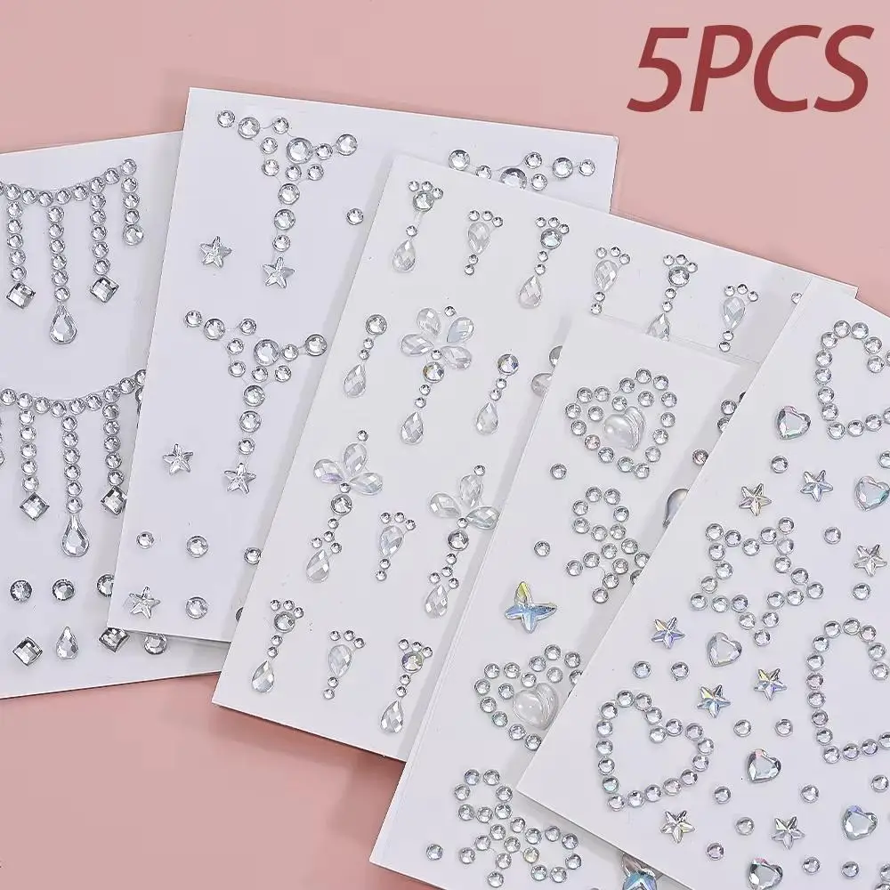 1/5pcs 3D Clear Face Decorations Rhinestone Stickers Sparkling Star/Love Jewelry Adhesive Tattoo Sticker DIY Faux Pearl Decor