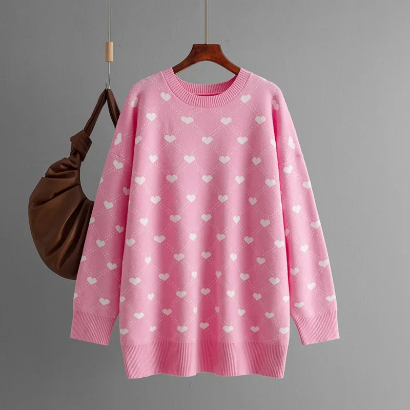 Autumn Winter Women\'s Pullovers Heart Print O-Neck Basic Vintage Casual Oversized Jumper Thick Warm Knitted Sweaters for Women