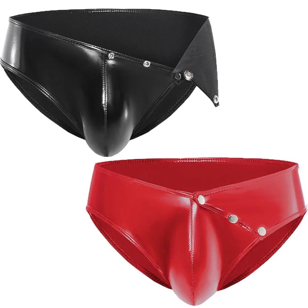 Mens Sexy Underwear with Press Button Big Penis Pouch Erotic Faux Leather Briefs Open Crotch Pouch Male Panties Gay Underpants