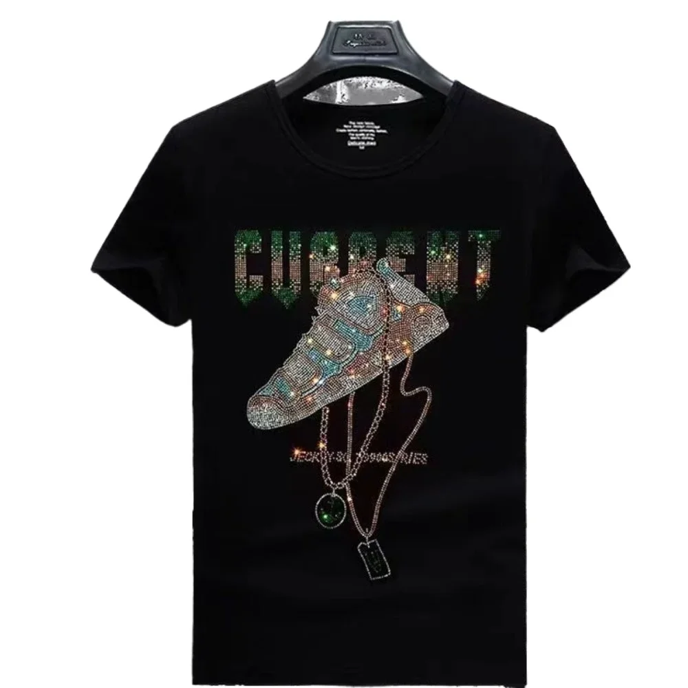 New Summer Men's Short Sleeve T-Shirt Trendy Bright Diamond Tops Slim Fit Casual Round Neck Versatile Clothes Base Shirt
