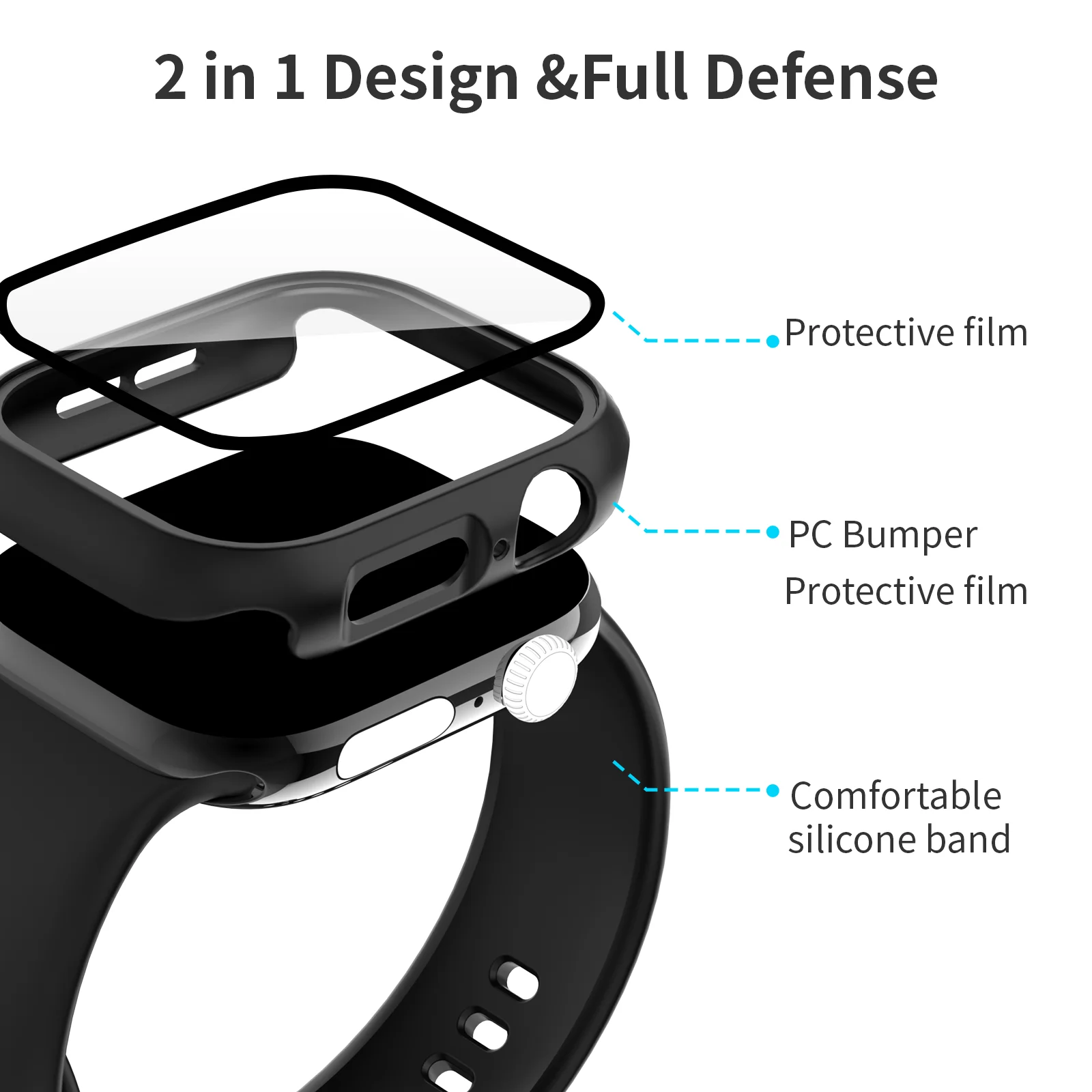 2PC, Silicone Strap + Case for Apple Watch Series 12-1 Ultra 4 SE, 46 42 49 45 41 44 40 38mm, 16 Colors Full Coverage Protection