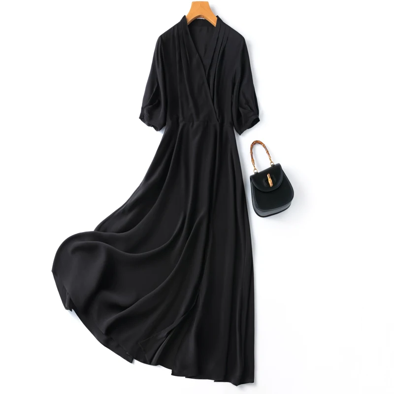 

Women Silk Maxi Dress 100% Mulberry Crepe Silk Solid Color Black V Neck Belted Waist Elegant Long Dress Big Hem M L XL MM891