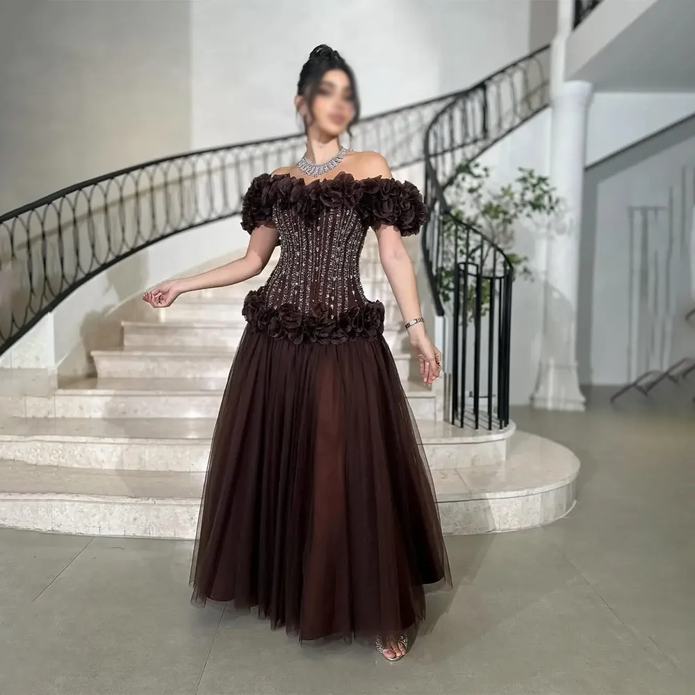 

Beading Flowers Evening Dresses Formal Party Prom Gowns Floor-Length A-Line Tulle Off-Shoulder Evening Prom Dresses Customized