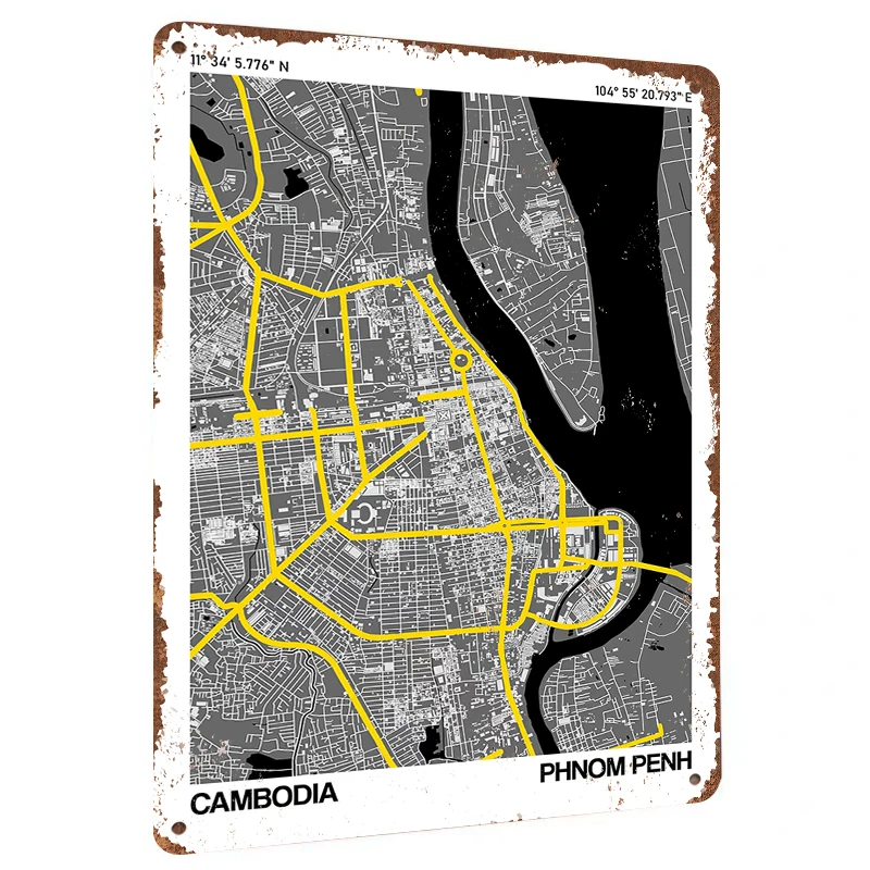 Cambodia Phnom Penh City Map Art Metal Iron Painting ModernHome Wall Decor Living RoomHanging Artwork