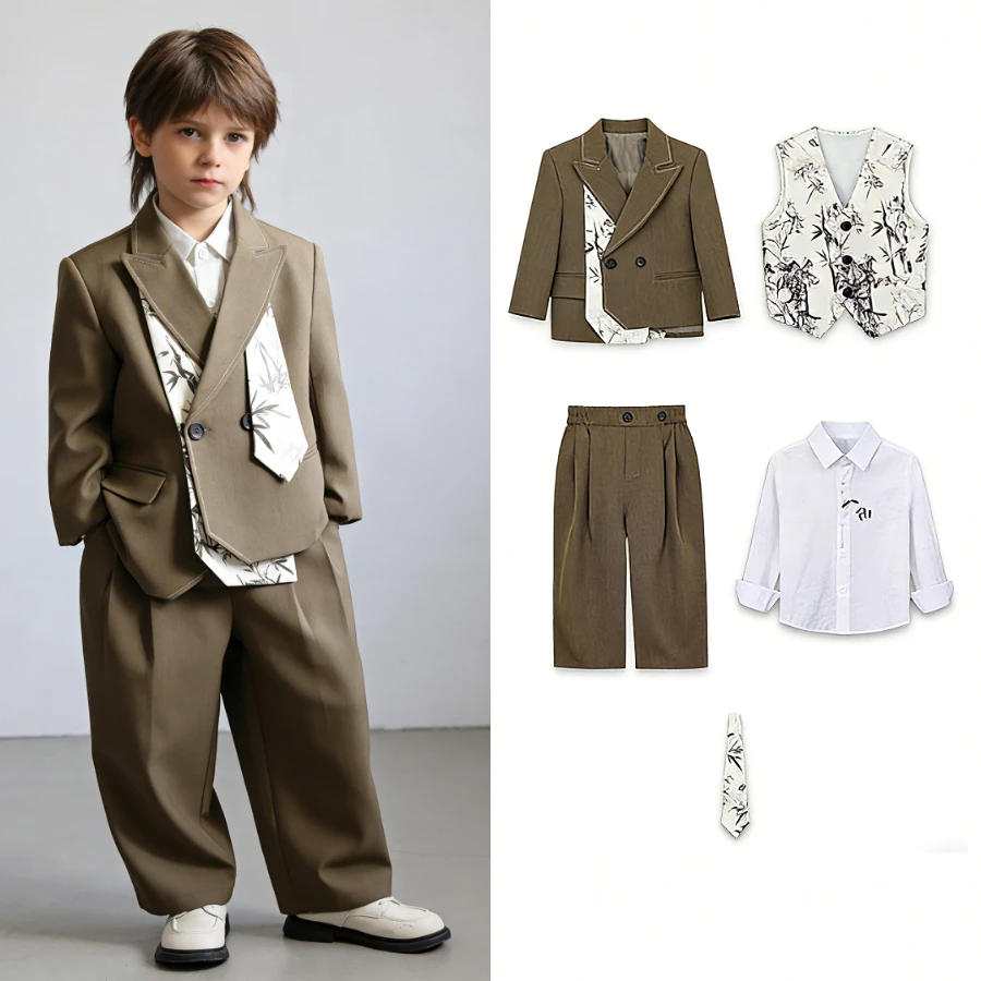 Boys Chinese Style Suit Set Bamboo Print Blazer Vest Pants for Wedding Birthday Party Photoshoot Kids Gentleman Formal Outfit