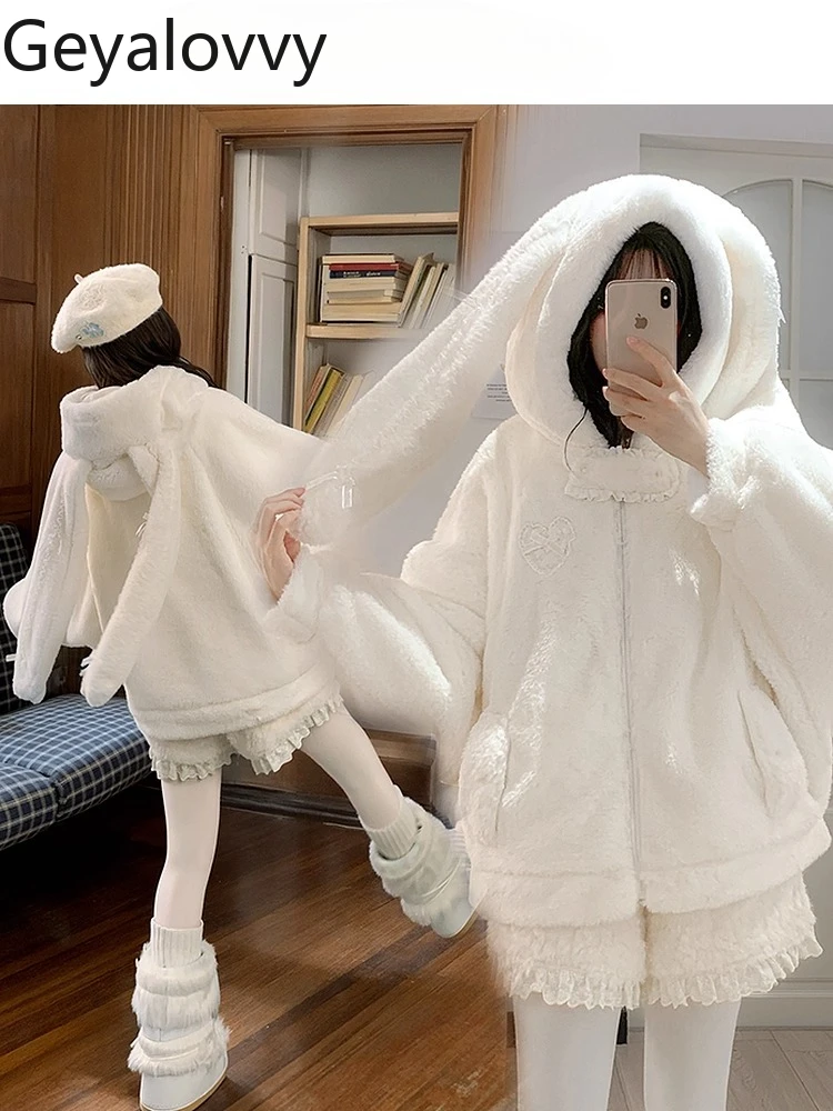 

Sweet Style Rabbit Ear Hooded Fleece Sweatshirt for Women Winter New Warm Coat Versatile Cute White Loose Zipper Jacket