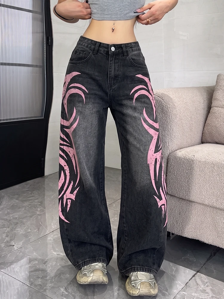 Women Wide Leg Jeans Pink Tribal Print Loose Denim Trousers Mid Waist Y2K Street wear Casual Long Jeans for Ladies