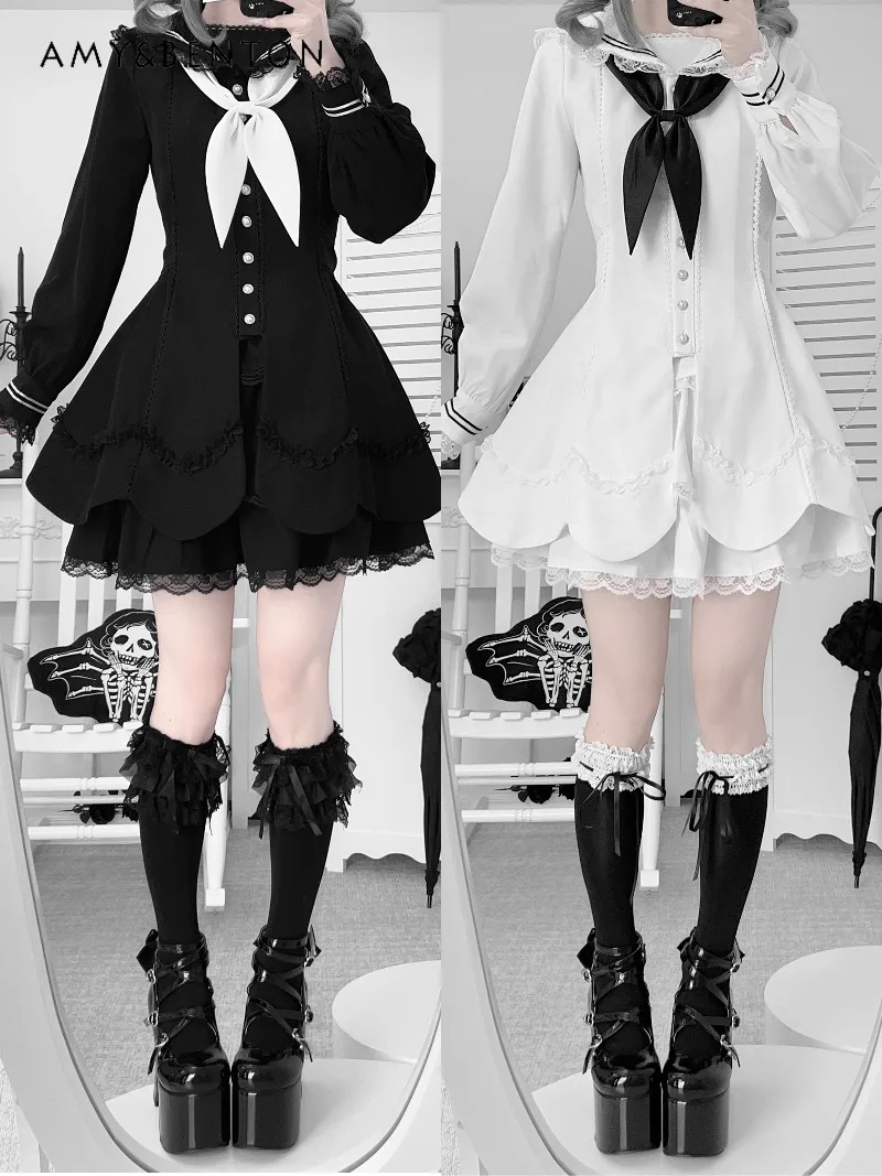 

Japanese Lolita Lace Navy Collar Cake Dress Sets Subculture Gothic Long Sleeve Slim Petal Edge Mini Dress Shorts Two-Piece Set