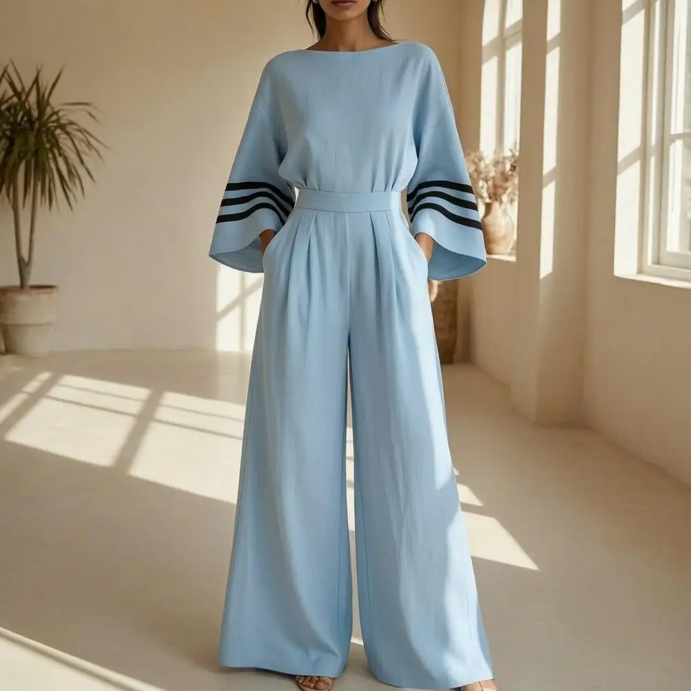 Casual Boat Neck One Piece Outfits with Pockets Women's Color Block Jumpsuit, Batwing Long Sleeve Wide Leg Rompers,