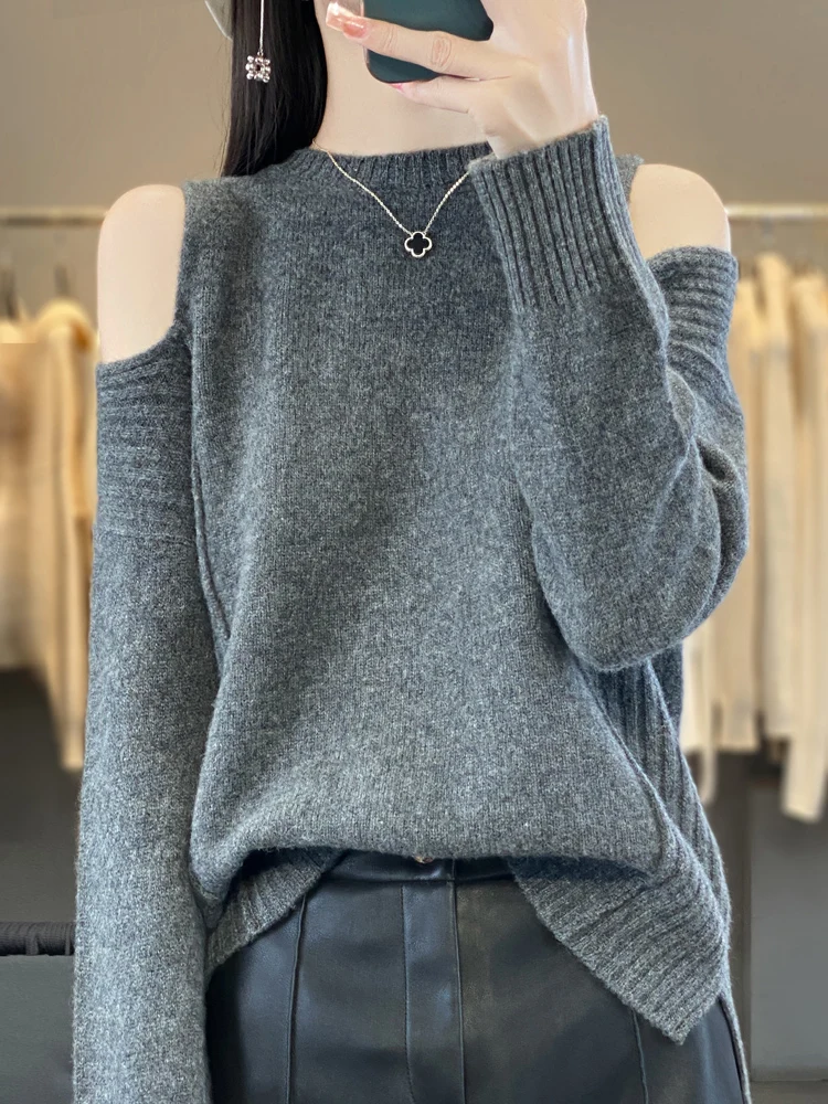 New Chic Women O-neck Cut Out Pullover Cashmere Sweater 100% Merino Wool Knitwear Autumn Winter