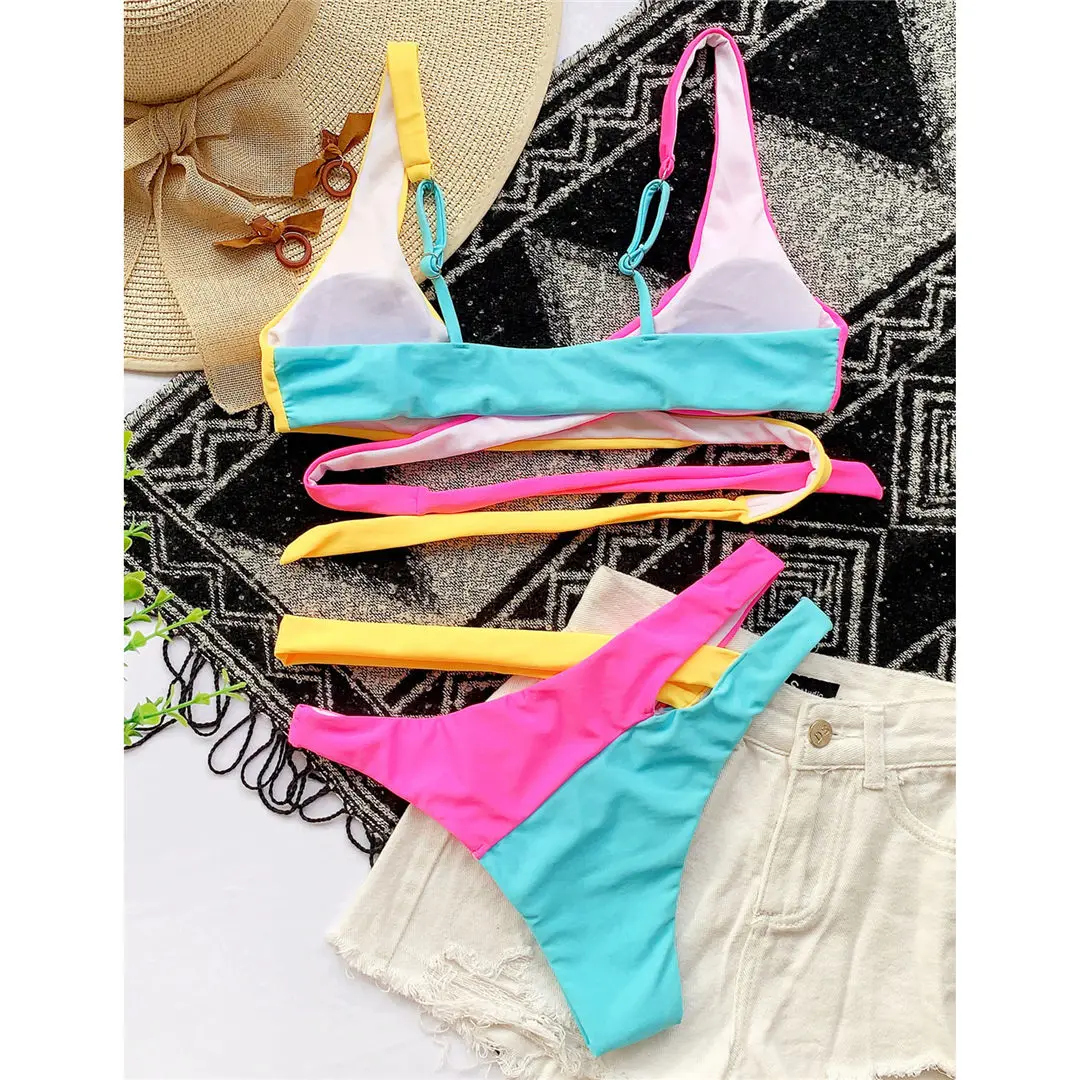 S-XL, zweiteiliger Bikini, Damen-Badeanzug, zweiteiliges Bikini-Set, asymmetrischer Schnitt, mittelhoher Bund, Badebekleidung, Badeanzug, Modell V2423. – Detail 10