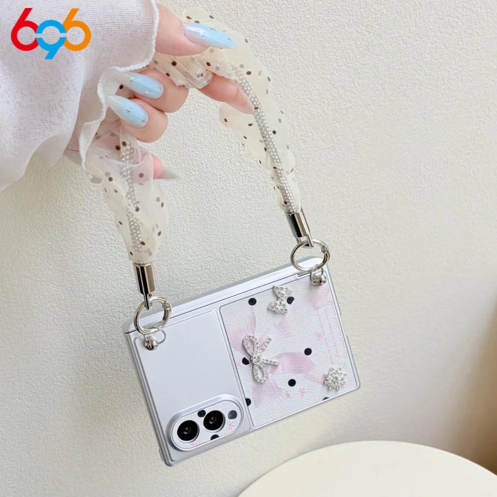 Polka Dot Lace Wrist Strap Case For Samsung Galaxy Z Fold 8 Ultra, Dual Magnetic Hinge Bling Bow Leather Sticker Phone Cover