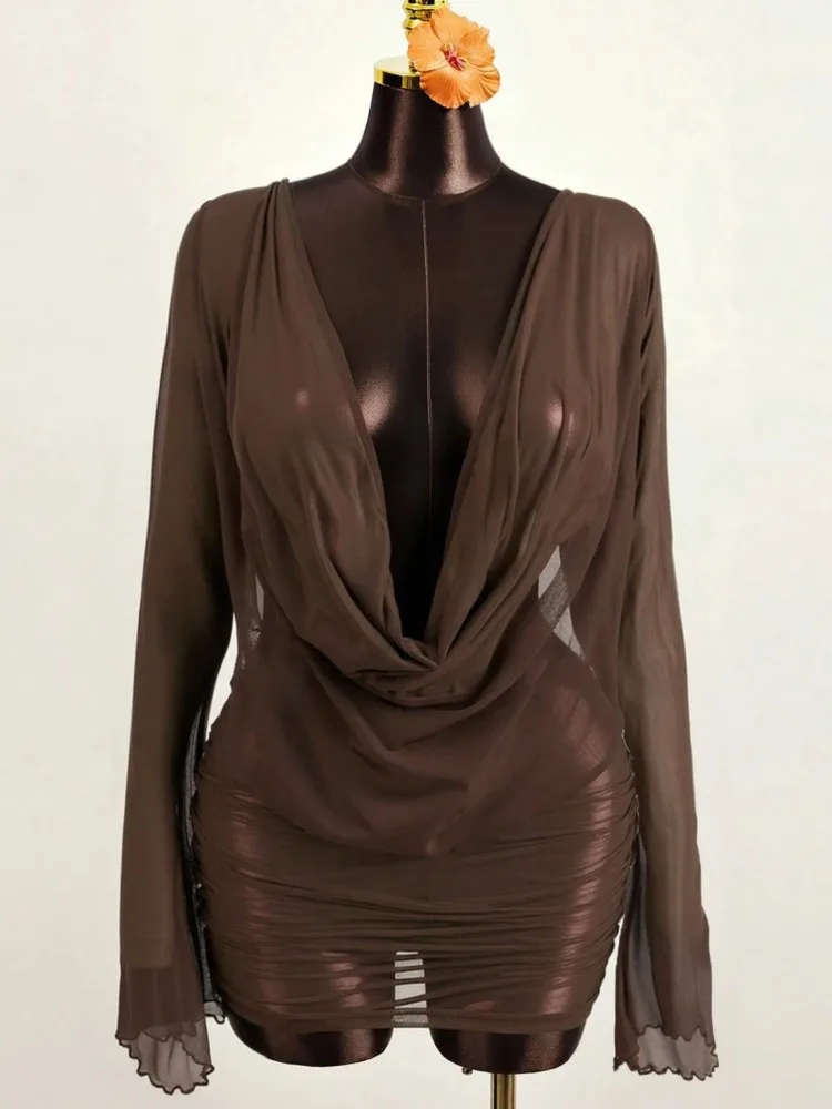 One Piece Sexy Women Mini Beach Dress Hollow-Out V-Neck Long Sleeve Bikini Cover-Ups Dress Fall Backless Holiday Dress 2026