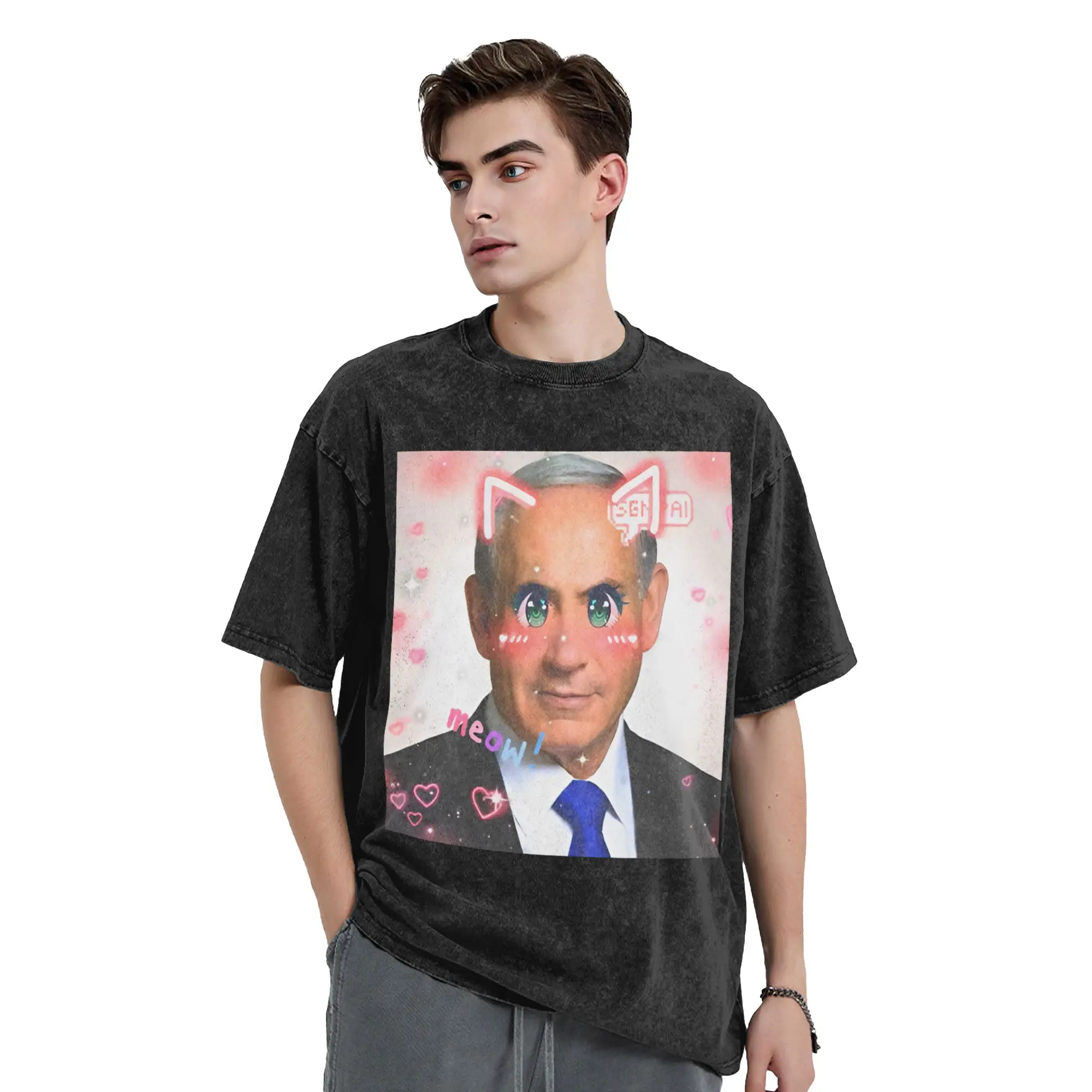 Benjamin Netanyahu Cute Kawaii Washed T Shirt Streetwear  Novelty T-Shirt  Tees Tops Men Women 100% Cotton Harajuku Graphic