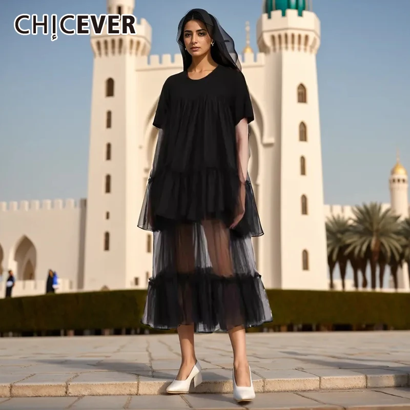 

CHICEVER Summer Loose Dress Solid Long O Neck Short Sleeve High Waist Pacthwork Sheer Mesh Pleated Dresses Female Summer Clothes