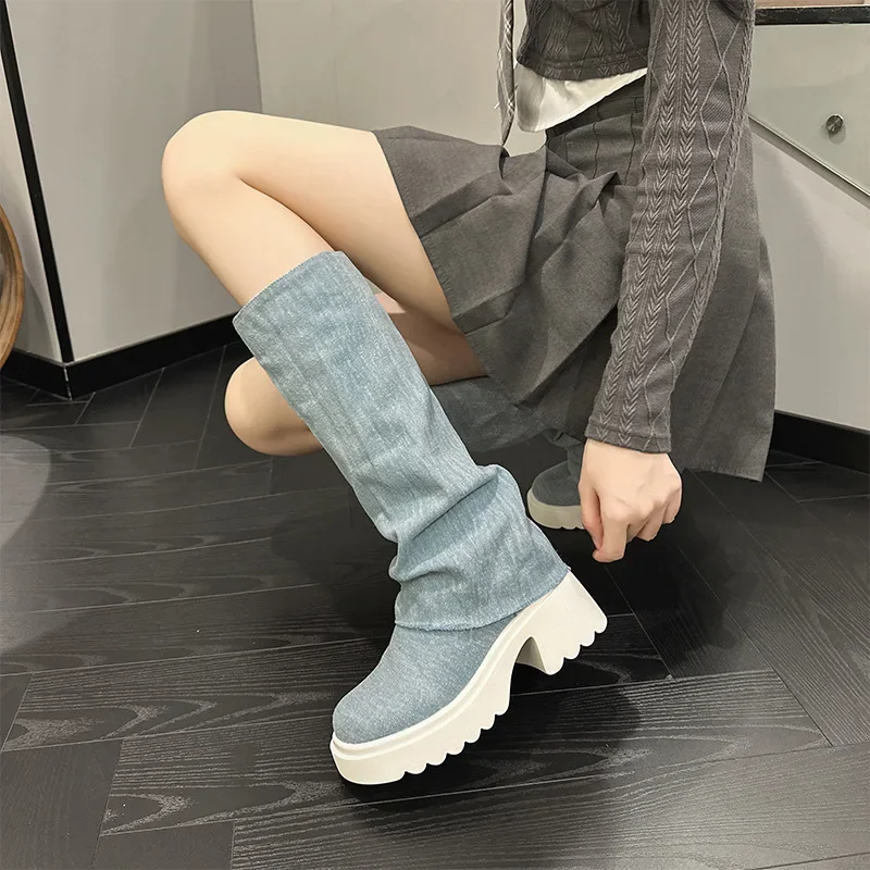 Fujin 6cm Denim Synthetic Platform Wedge Ankle Knee Autumn High Booties Fashion Round Toe Hollow ZIP Leisure Spring Women Shoes