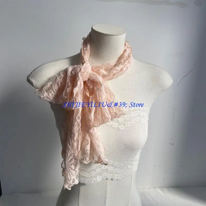 E21F Elegant Lace Flower Ruffle Skinny Scarf Neckwear Silk Shawl For Women Travel Use