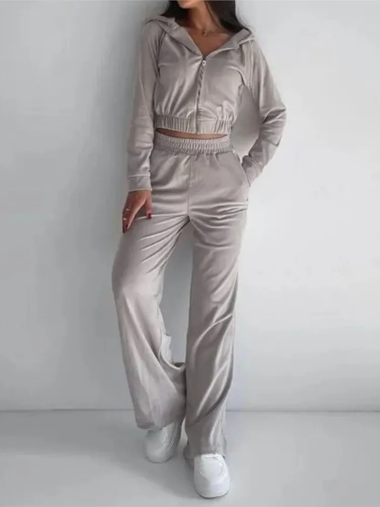 

Casual Hooded Hoodie 2 Pieces Set For Woman Fashion Solid Sports High Waist Wide Leg Pants Sets Outfits Lady Autumn Clothes New