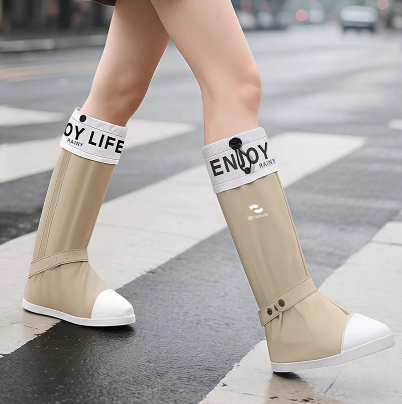 Fashion Tall Rain Boots Women's High Top Drawstring Cuff Waterproof Shoe Covers Lady Portable Galoshes Rainproof Knee Strap Boot