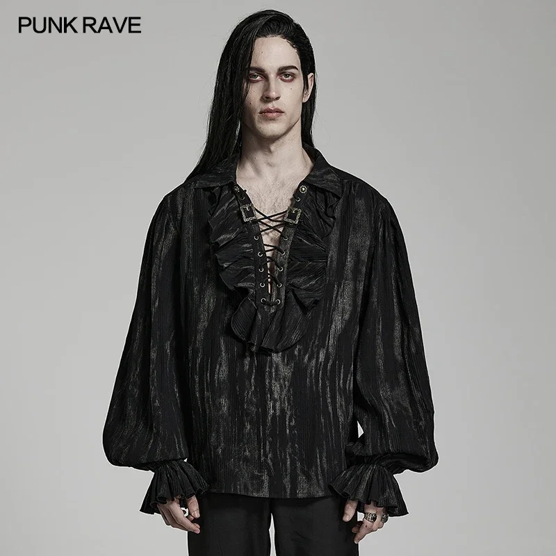 

PUNK RAVE Men's Gothic Tie-dyed Jacquard V-neck Shirt Gorgeous Party Club Lantern Sleeves Loose Tops Spring/Autumn Black