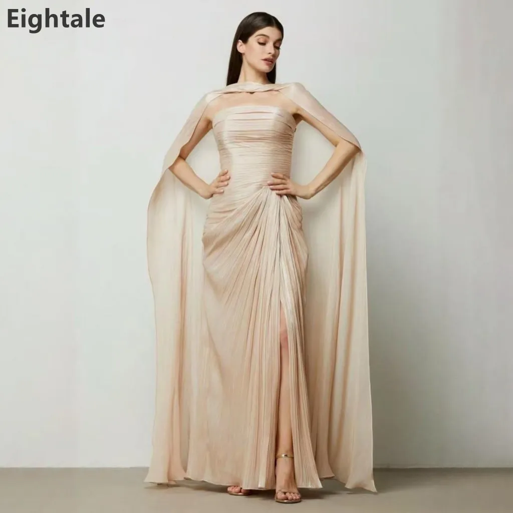 

Eightale 2025 Champagne Mermaid Maxi Evening Dress With Cape For Wedding Party Formal Prom Dress Dubai Party Gown