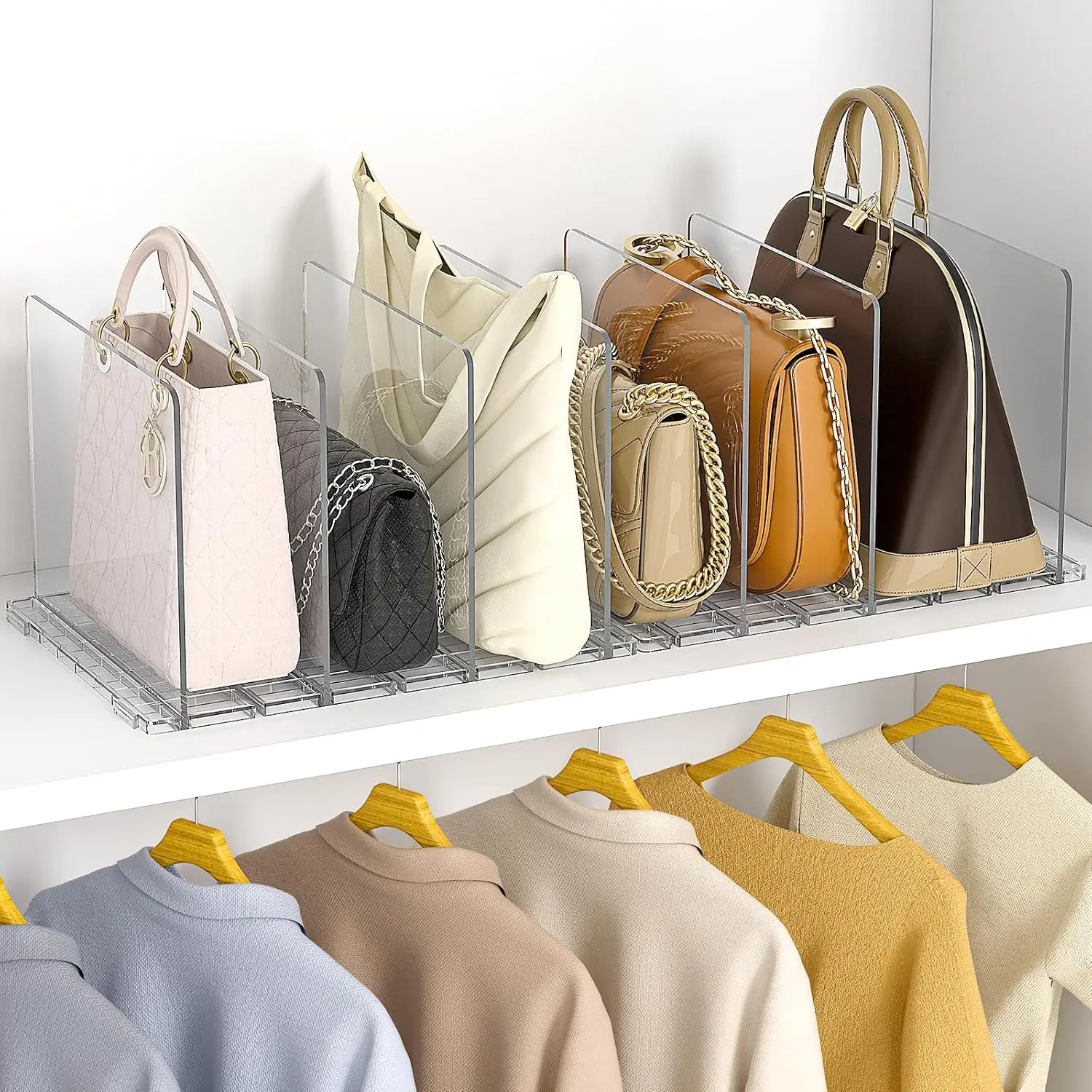 

Bag & Purse Organizer for Closet: 2-Pack Adjustable Clear Handbag Storage Shelf - Plastic Clutch Dividers | Minimal
