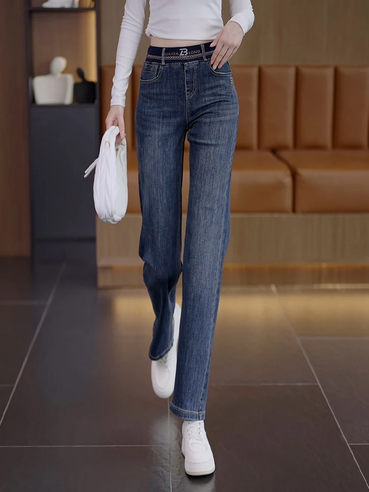 

Женские джинсы прямого кроя в стиле ретро, весенне-осенние, с высокой талией, эластичные, повседневные, утягивающие, широкие брюки, удобные, дышащие, хлопковые.