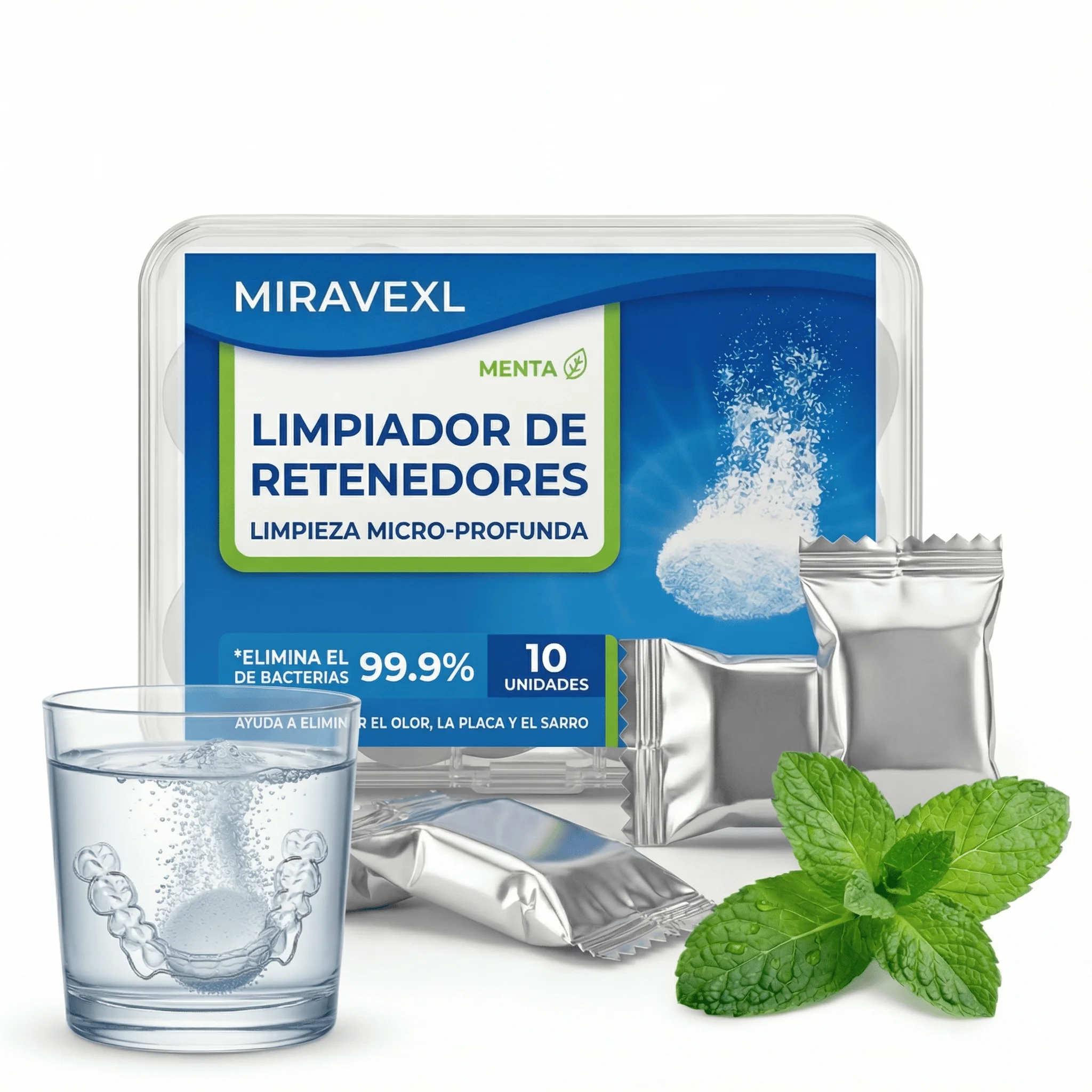 

MIRAVEXL Очиститель для элайнеров и зубных протезов с мятой, глубокая очистка, уничтожает 99,9% бактерий, 10-70 шт. в упаковке