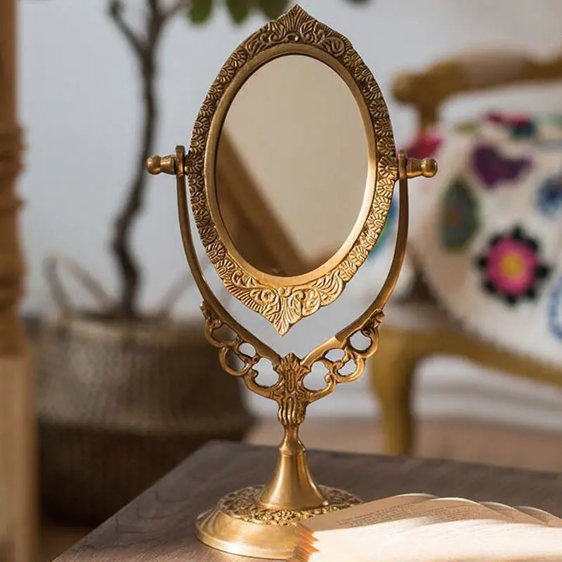 European brass retro light luxury, makeup mirror wedding, housewarming birthday gift, desktop vanity mirror ornament