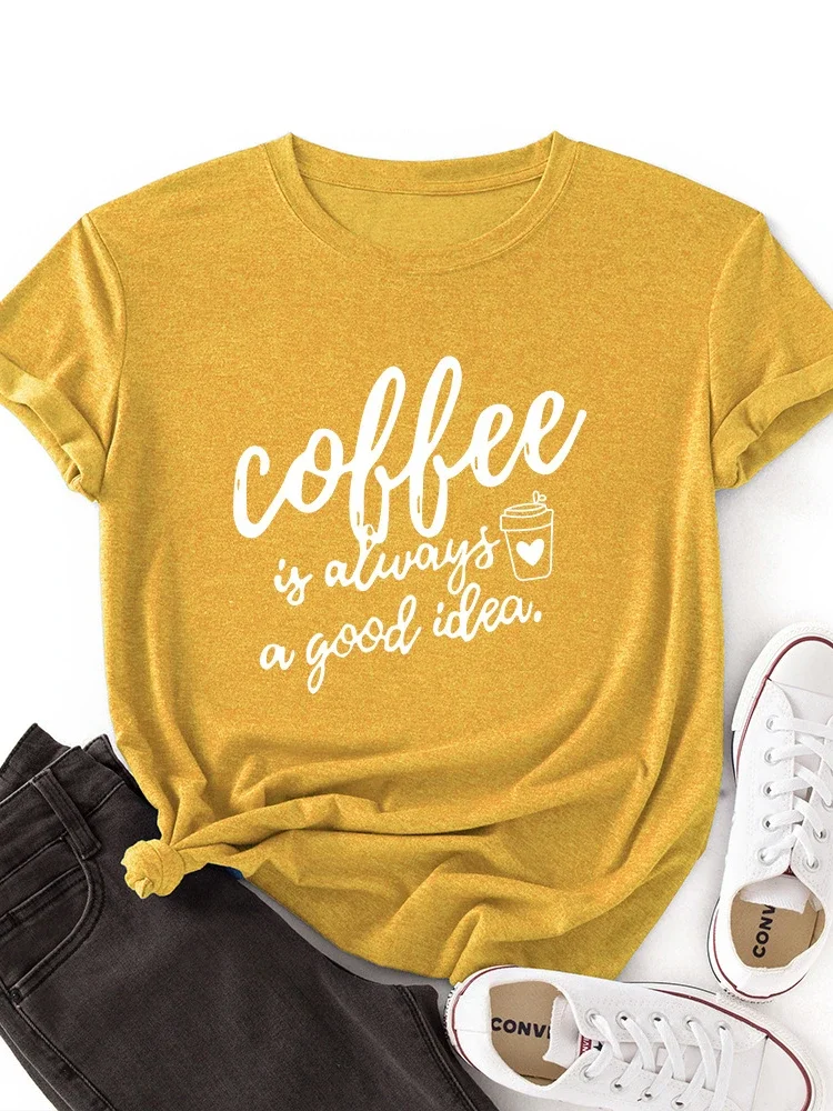 コーヒーは良いアイデア レタープリント Tシャツ レディース 半袖 ラウンドネック Tシャツ 夏 レディース ルーズ Tシャツ トップ グラフィック Y2K