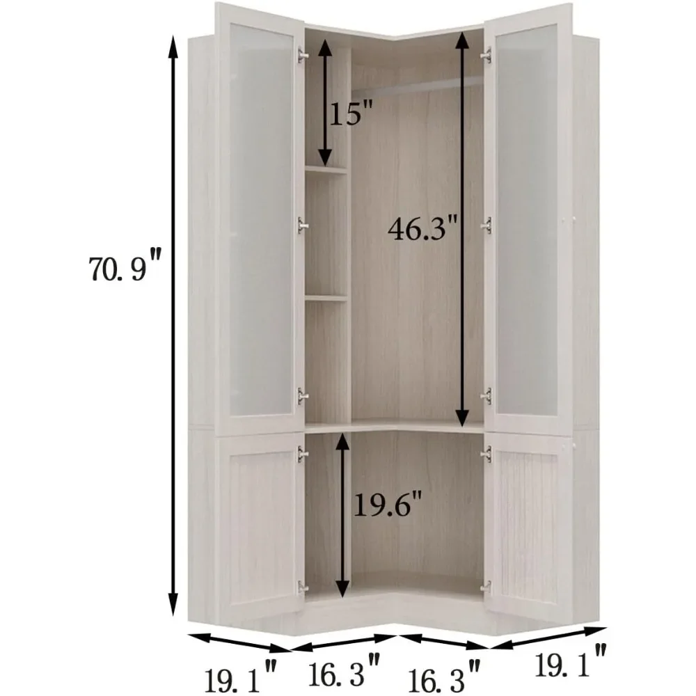 L-Shape Wardrobe Armoire Closet with Hanging Rod & Shelf, Bedroom Armoire with Frosted Glass Doors, Clothes Wardrobe with Gold K